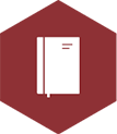 white icon of a book, overlaying a solid burgundy hexagonal shape