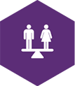 illustration of a purple hexagonal shape with a male and female icon on a tipping scale