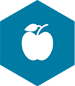 illustration of a blue hexagonal shape and a white apple