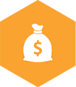 icon of a money bag in white, over a solid yellow hexagon shape