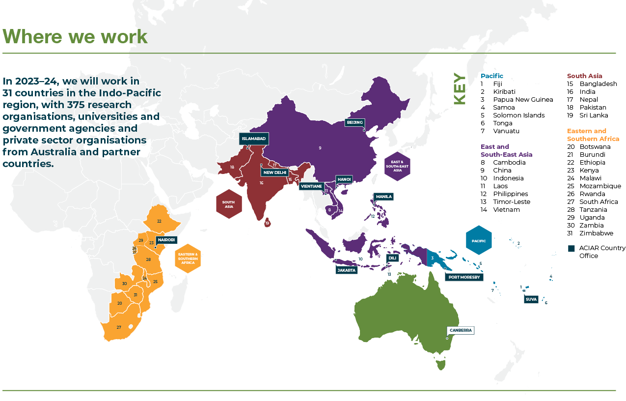 a map of the Indo-Pacific region, highlighted the countries where ACIAR is working in 2023-24