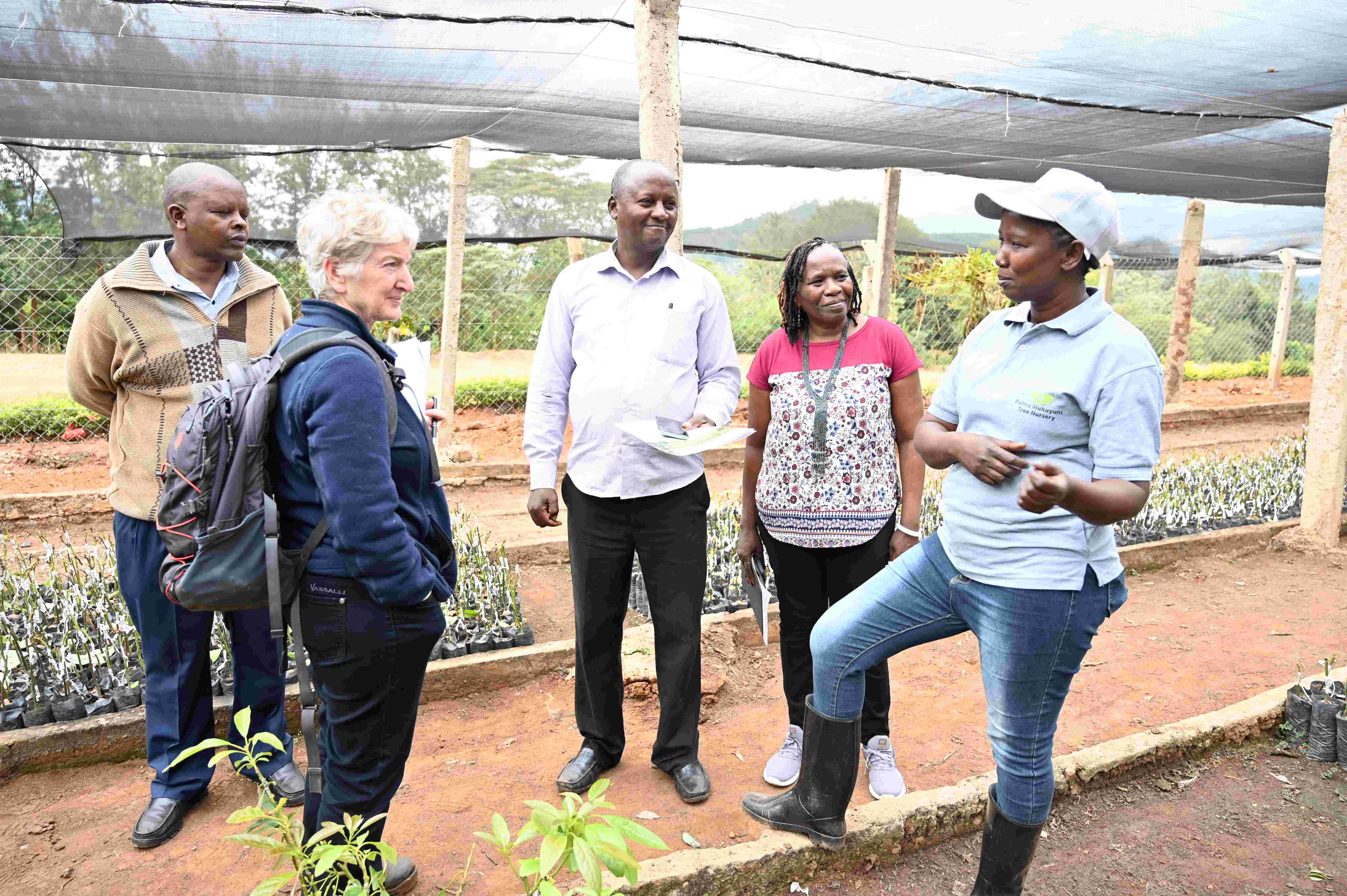 Group of people talking in a nursery with tree seedlings in the background