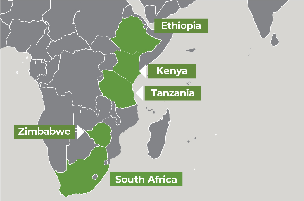 Map showing South Africa, Zimbabwe, Tanzania, Kenya, and Ethiopia.