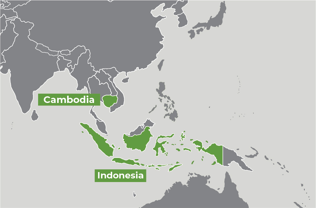 Map showing Cambodia and Indonesia.