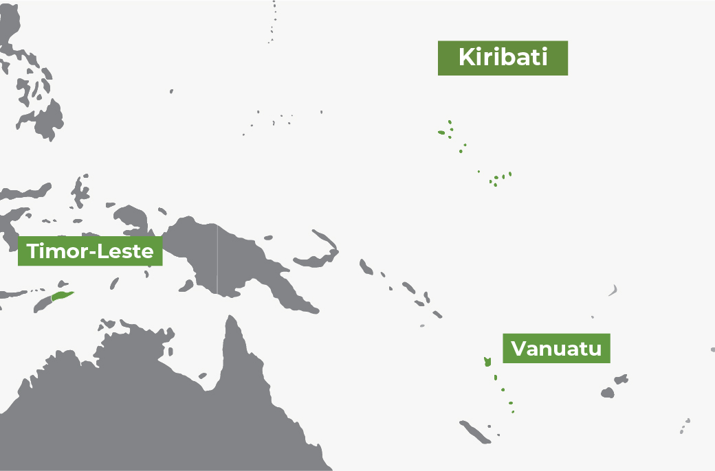 Map showing Timor-Leste, Kiribati, Vanuatu.