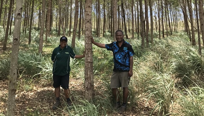 Two men standing in a forest