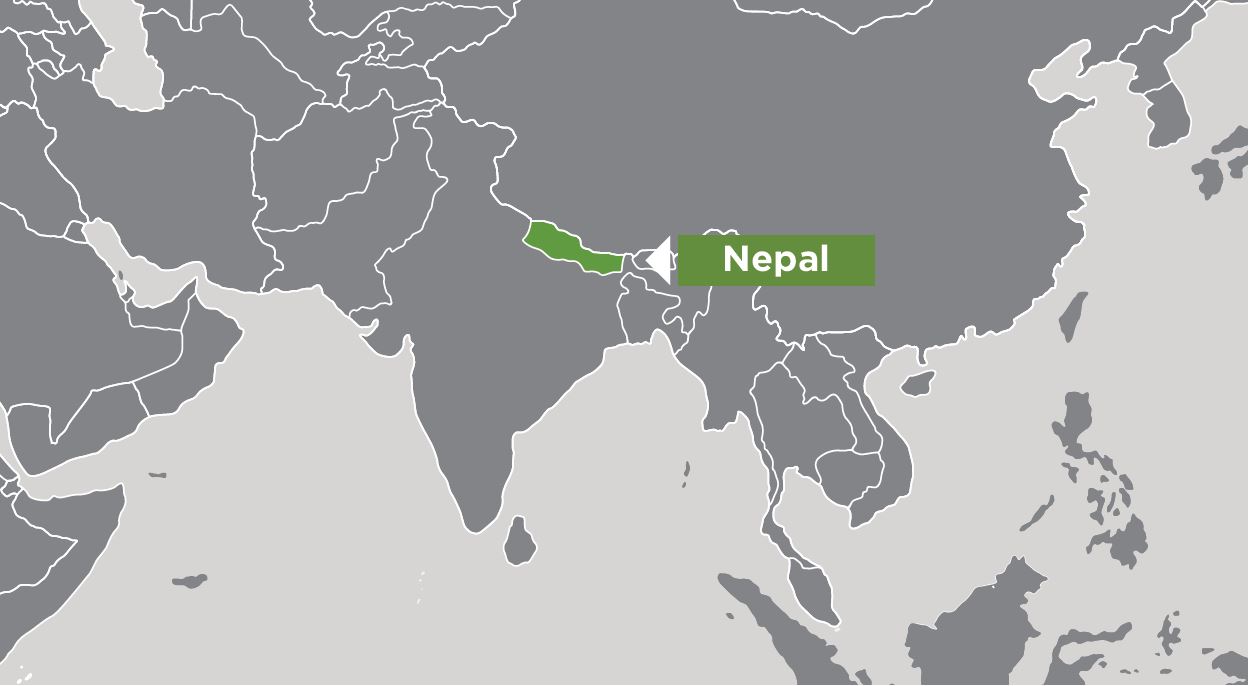 Map highlighting and pointing to Nepal