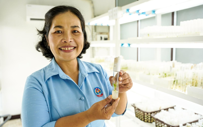Woman holding a test tube in a lab