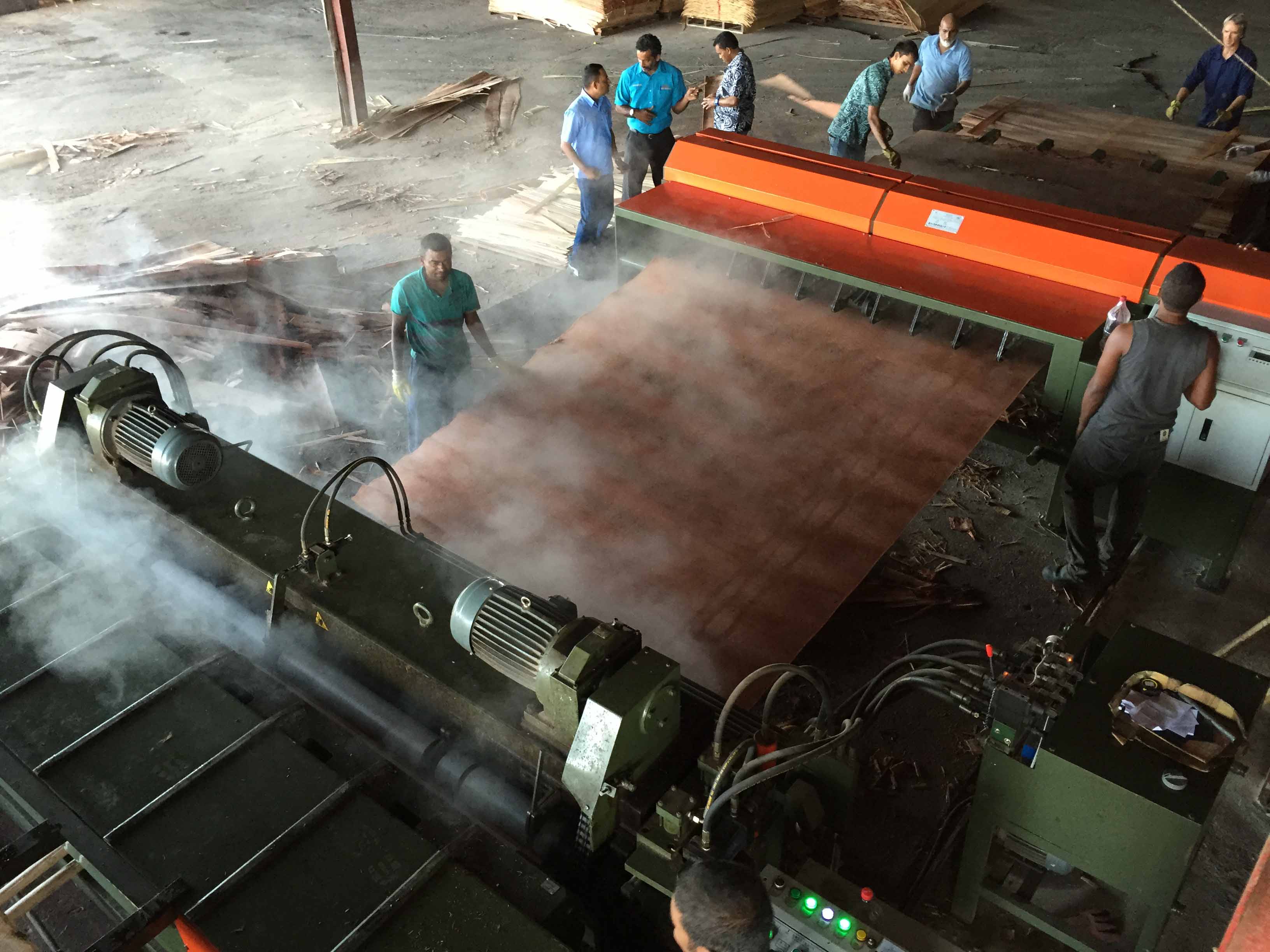 A coconut log being peeled in a spindleless lathe. Image: QDPI