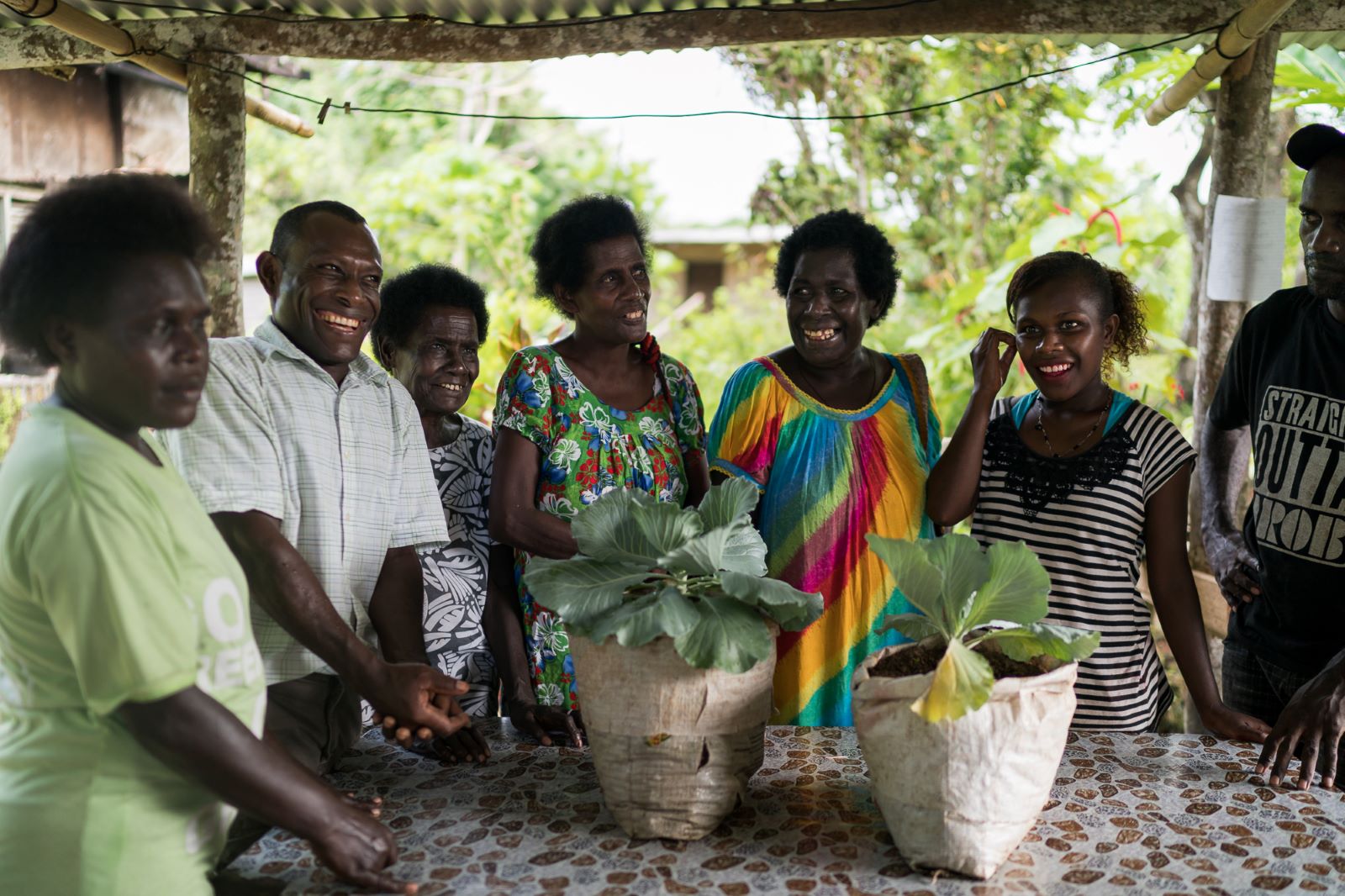 A group of people staning around a table containing two plants