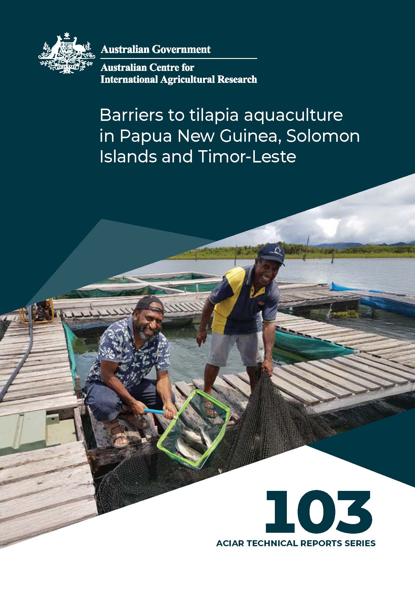 cover page with photo of two people and fish in plastic crates