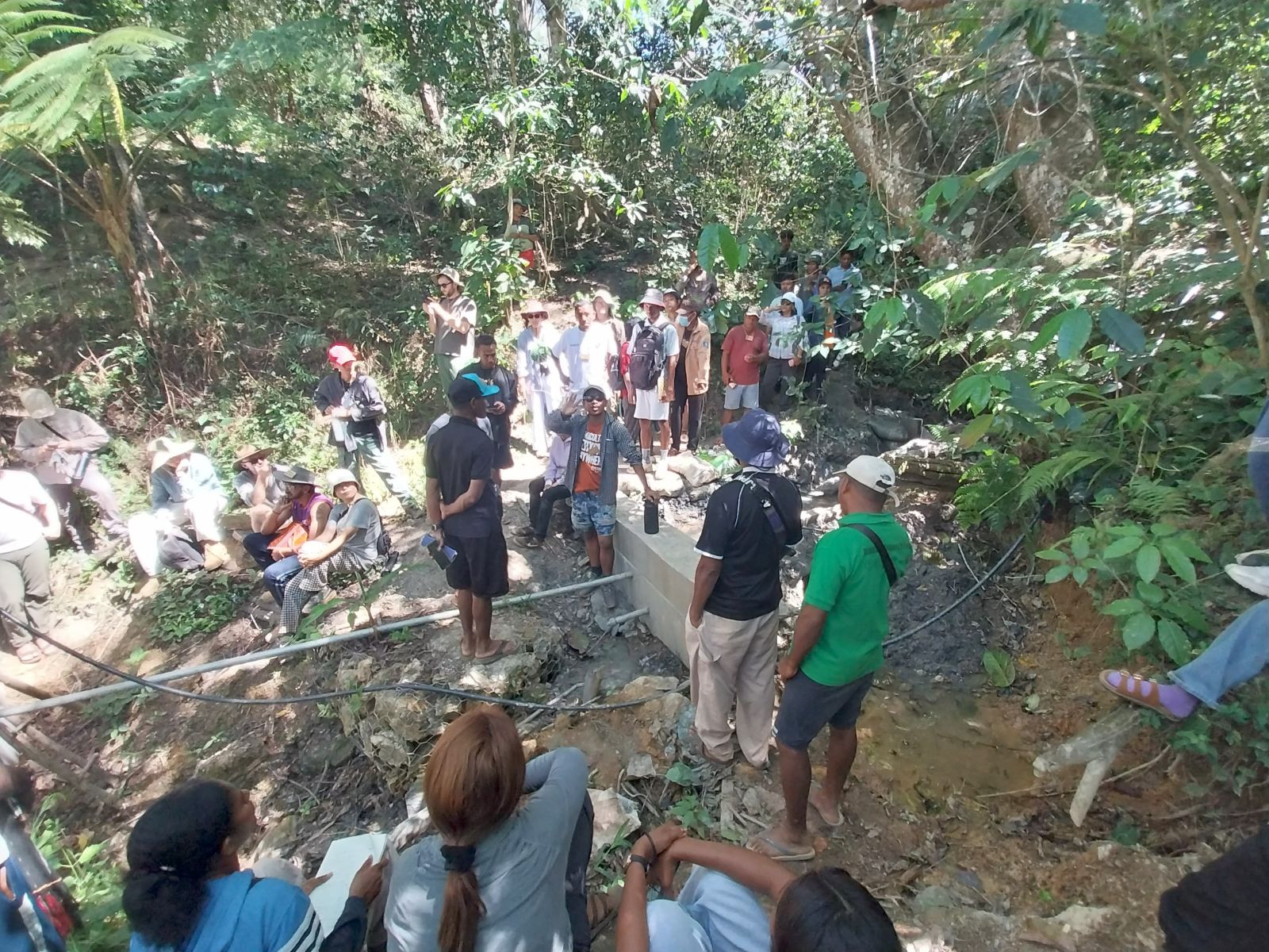 group of people outside looking at a weir