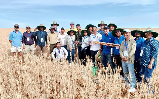 A group of people standing together in a wheat field under a blue sky, some wearing wide‑brimmed hats and lanyards.
