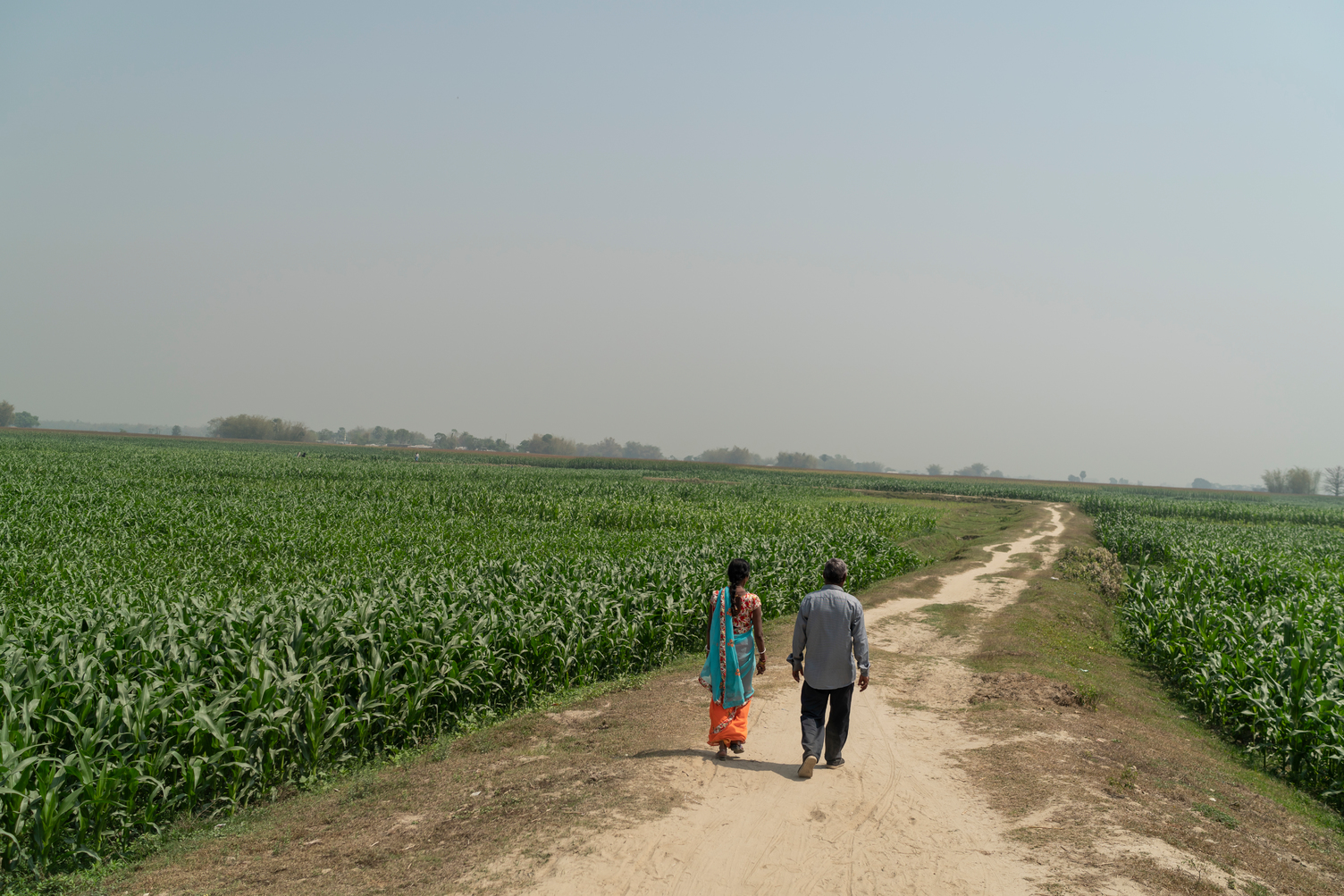 Two people walking in a field in India