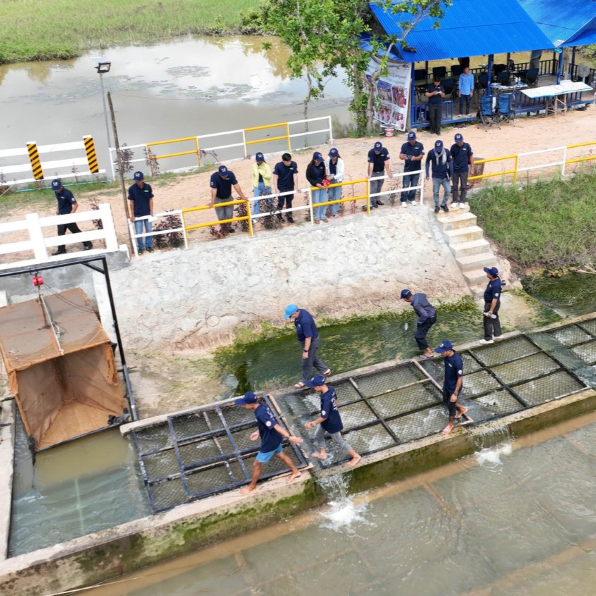  People inspect a fish passage structure beside a canal.