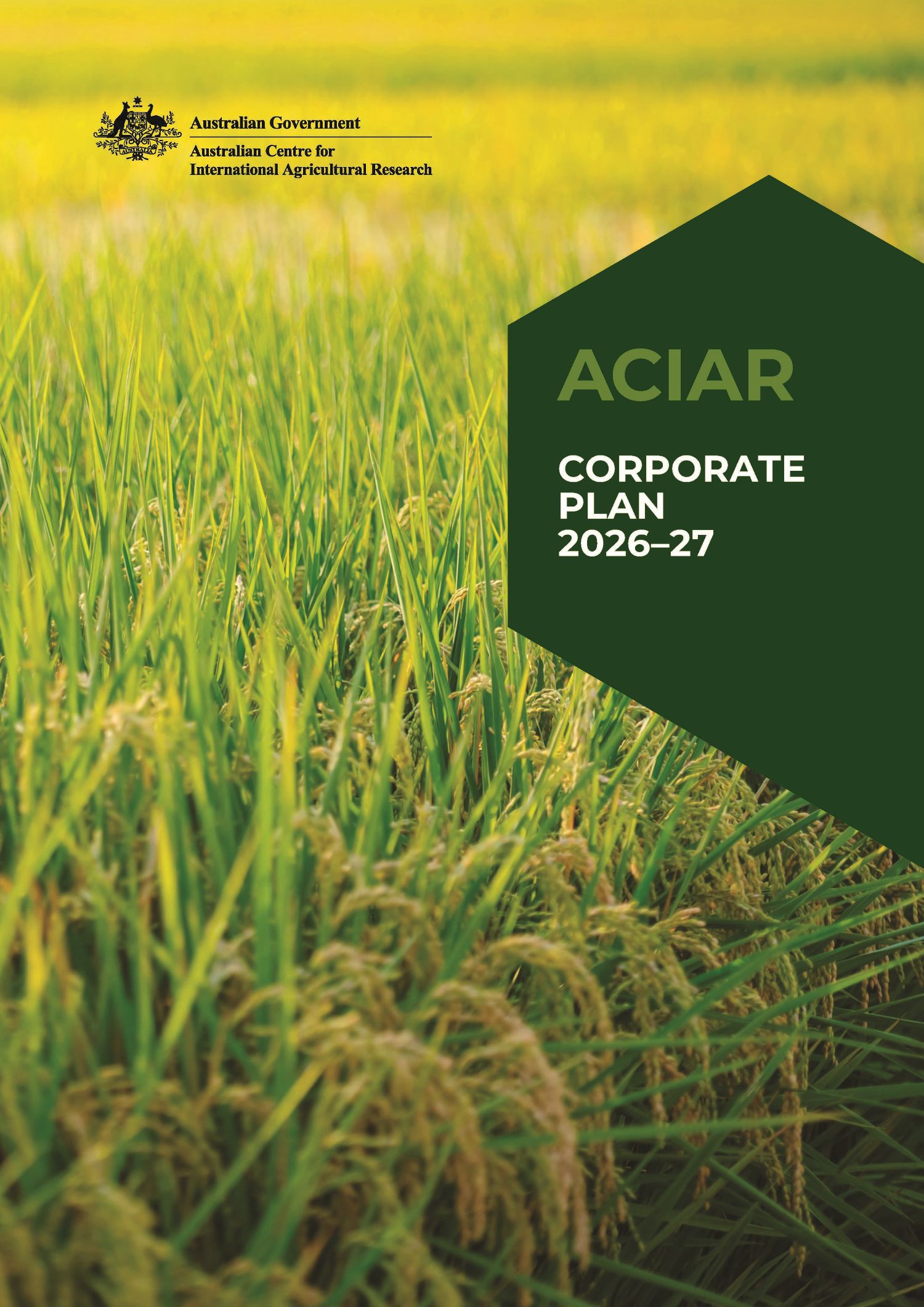 ACIAR Corporate Plan 2026–27 cover featuring a green rice field background with the Australian Government and ACIAR logos.