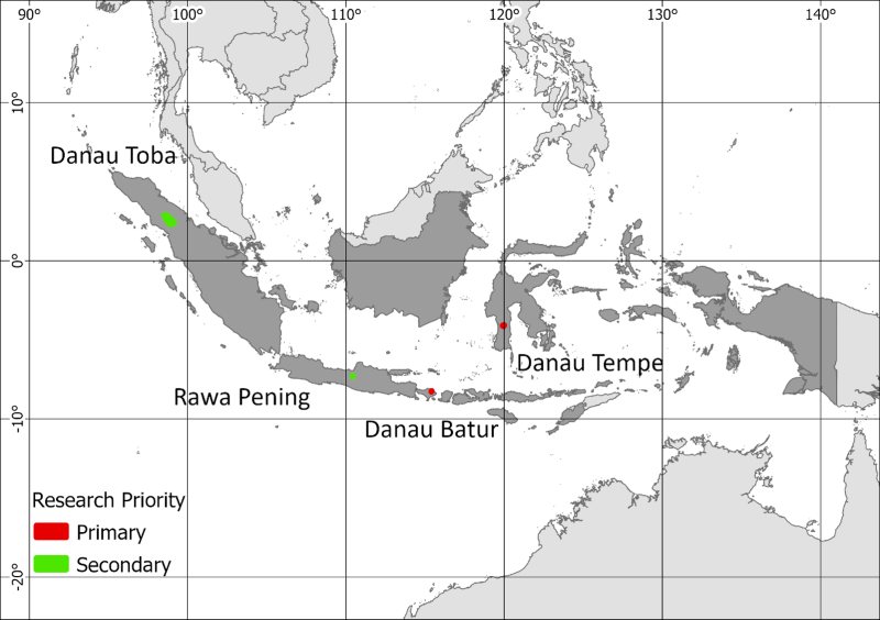Map showing the four lakes selected across Indonesia for detailed analysis.