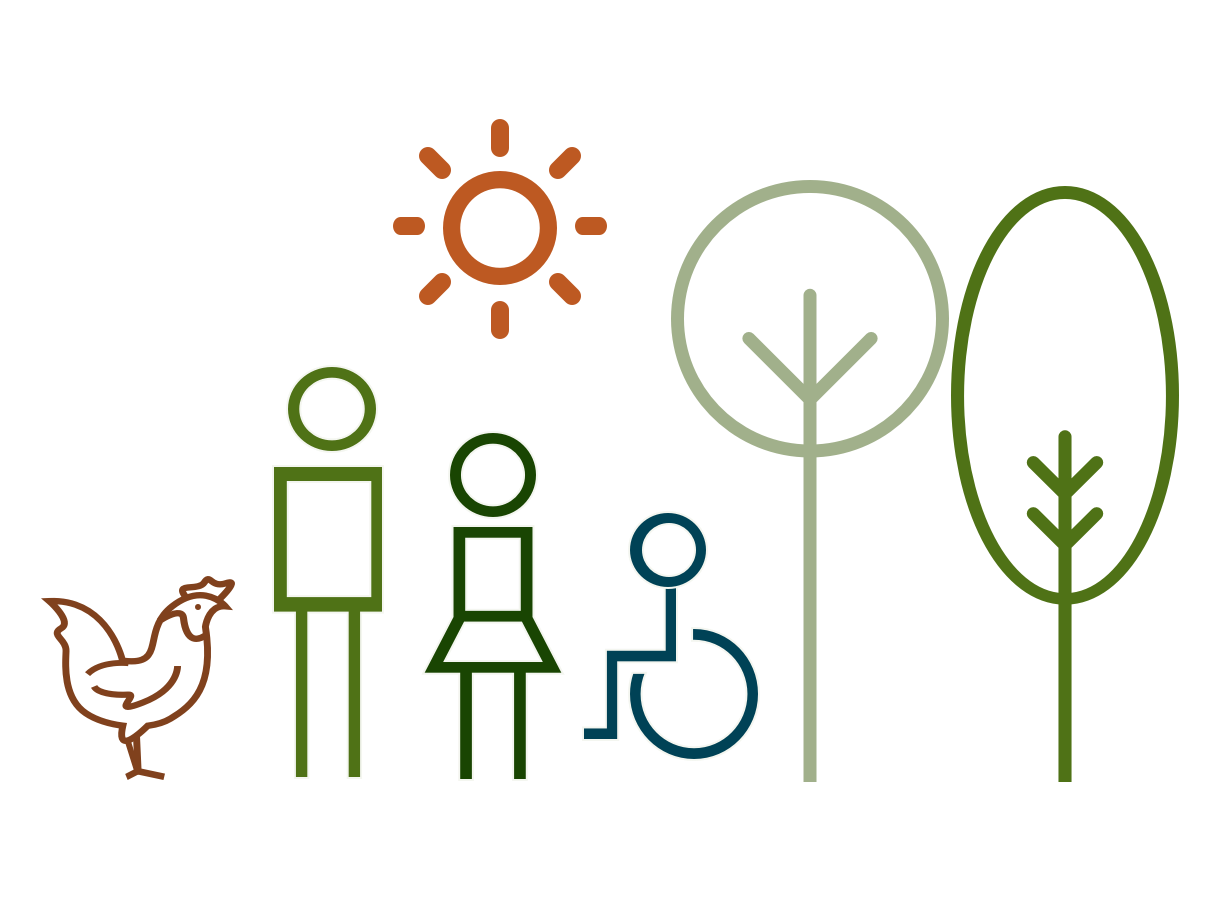 Line drawing of chicken people and plants representing Social Systems program