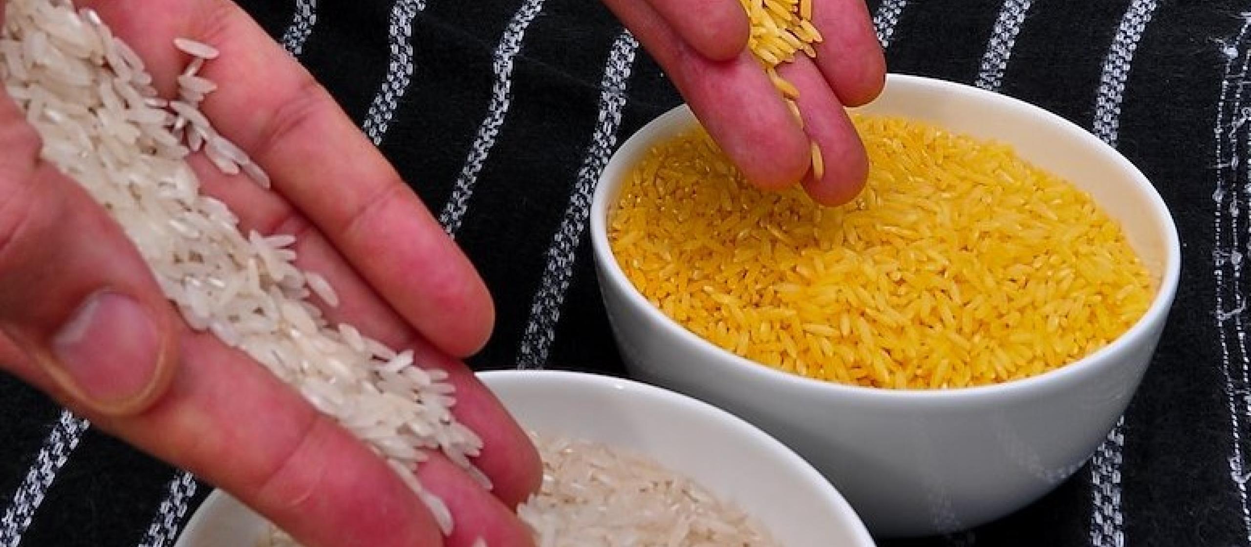 Two hands putting rice in bowls