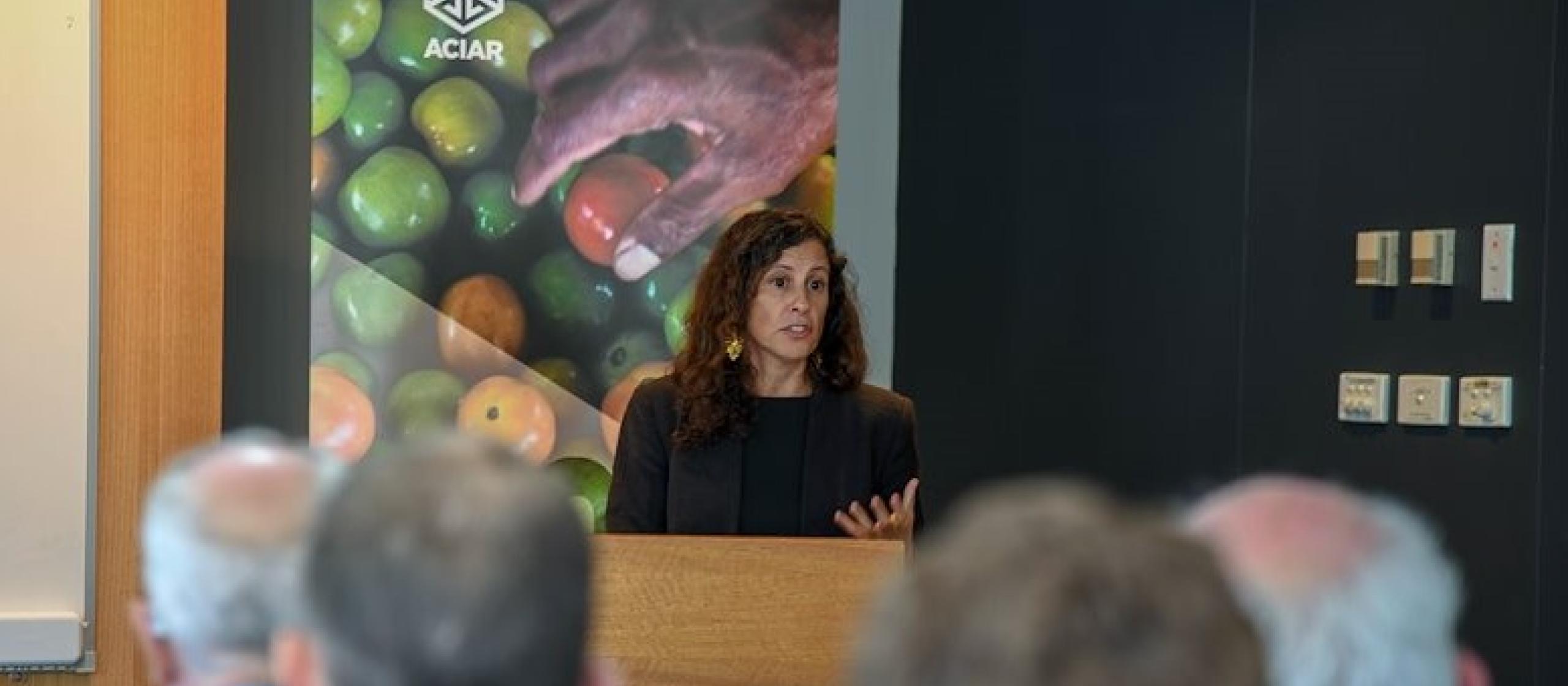 Dr Jessica Fanzo speaking at the ACIAR roundtable. Credit: Patrick Cape, ACIAR