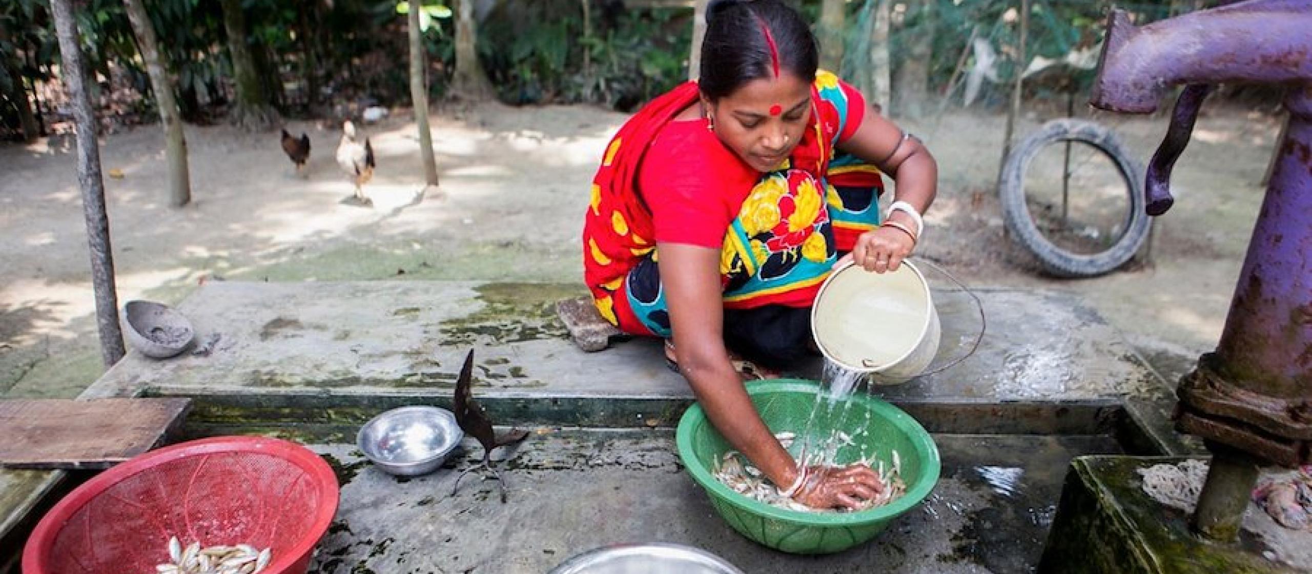 Santona Rani cleaning mola fish in preparation for cooking. She is a member of an AIN-supported nutrition group, where she learned how to use a gill net and the nutritional benefits of eating mola. In Madhob pasha, Babugong, Barisal, Bangladesh.