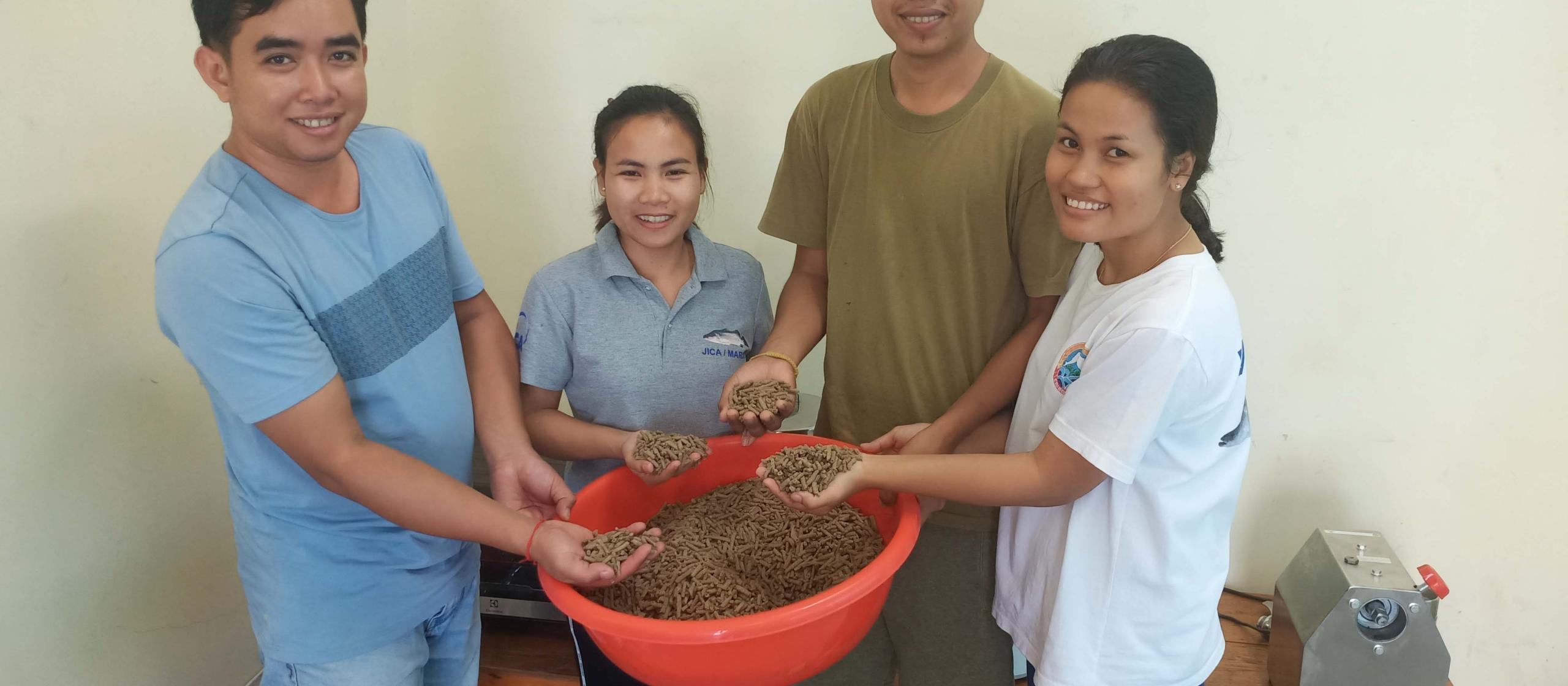 After returning to Cambodia following training in Indonesia, the participants have been able to make their own experimental feeds for finfish.