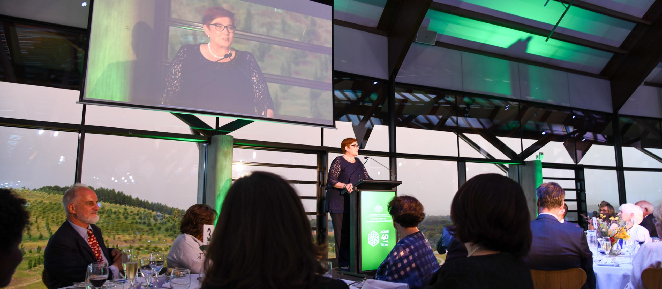 Woman presenting to crowd seated at tables with her image on a screen behind her