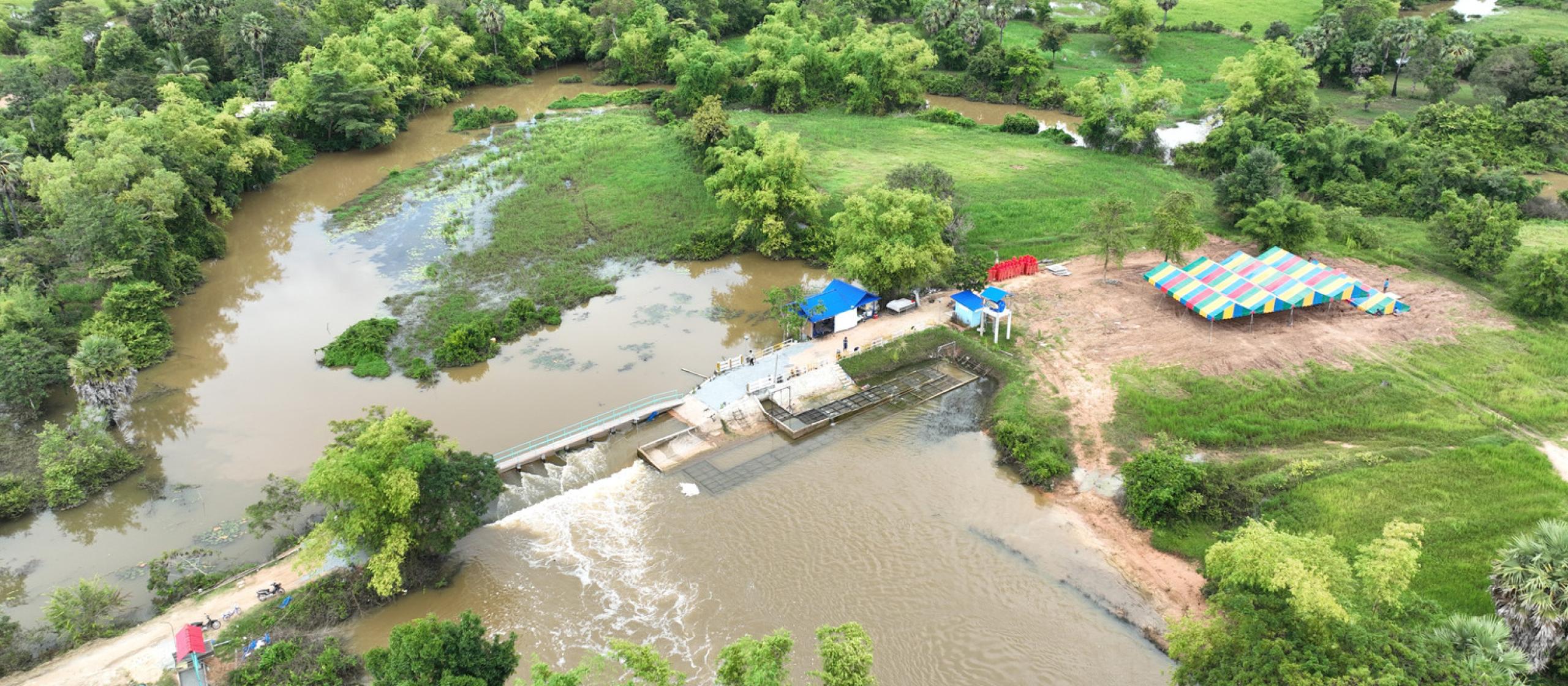 Aerial shot of the Sleng Fishway in Siem Reap, Cambodia.