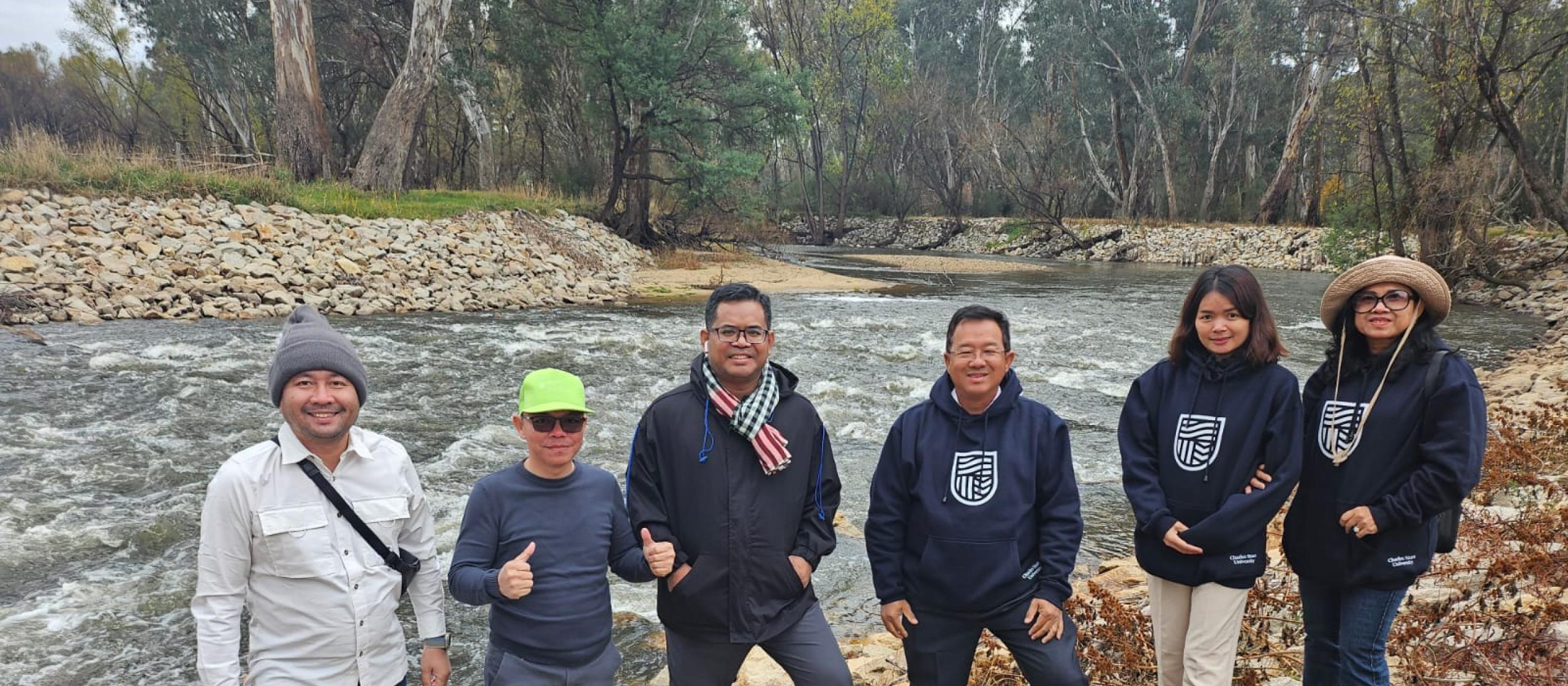 Cambodian FishTech delegates inspect river works at Benalla, Victoria