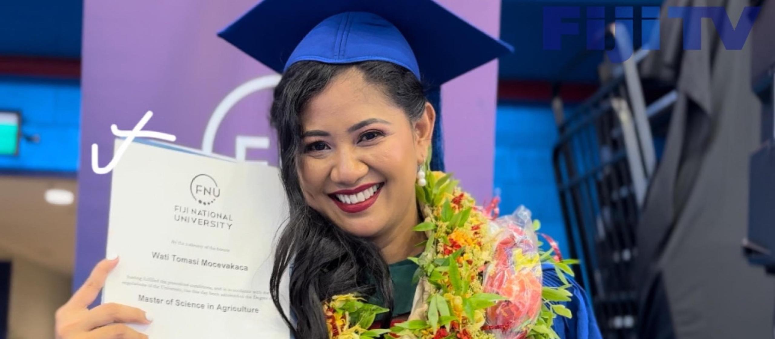 Support from the ACIAR PASS program helped Ms Wati Tomasi Mocevakaca complete her Master of Science in Agriculture at Fiji National University. Photo: Fiji One News
