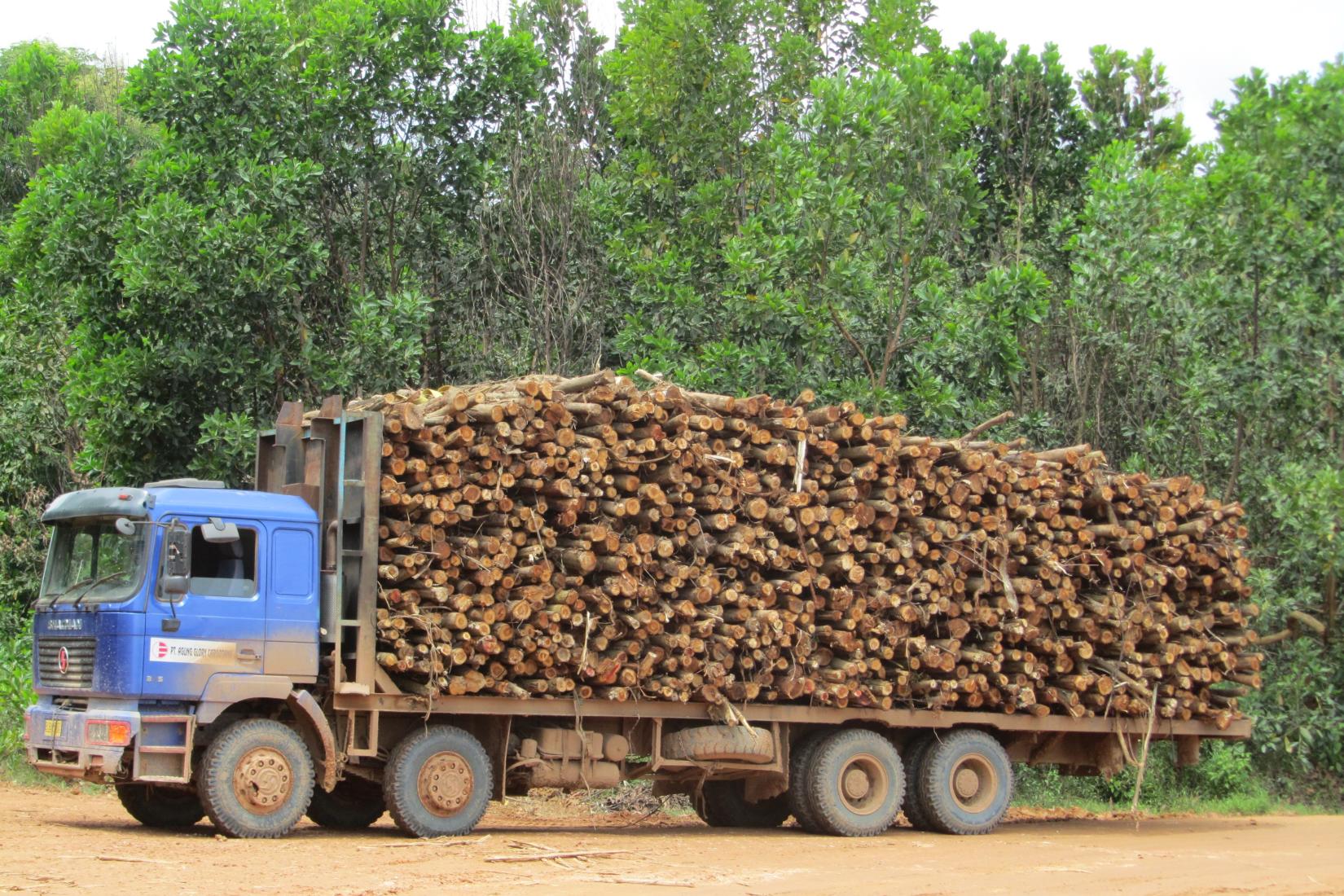 A logging truck moves stacks of timber