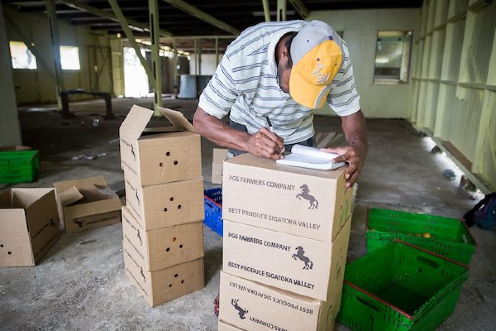 Jone Kunatui from Nawamangi PGS company writes a receipt for the 8 boxes of tomatoes (160kg) to be delivered to the Intercontinental Hotel and Resort. Image: ACIAR /Conor Ashleigh