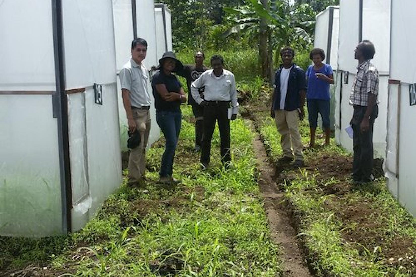 Researchers standing next to test facilities where vector screening takes place in Mobdu, Madang, PNG.