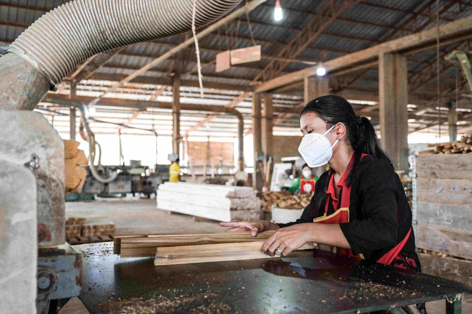 A worker at Burapha cutting wood