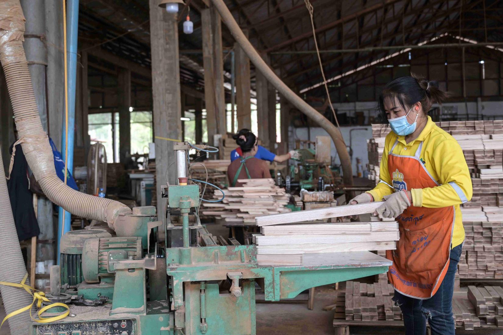 A worker at Burapha cutting wood