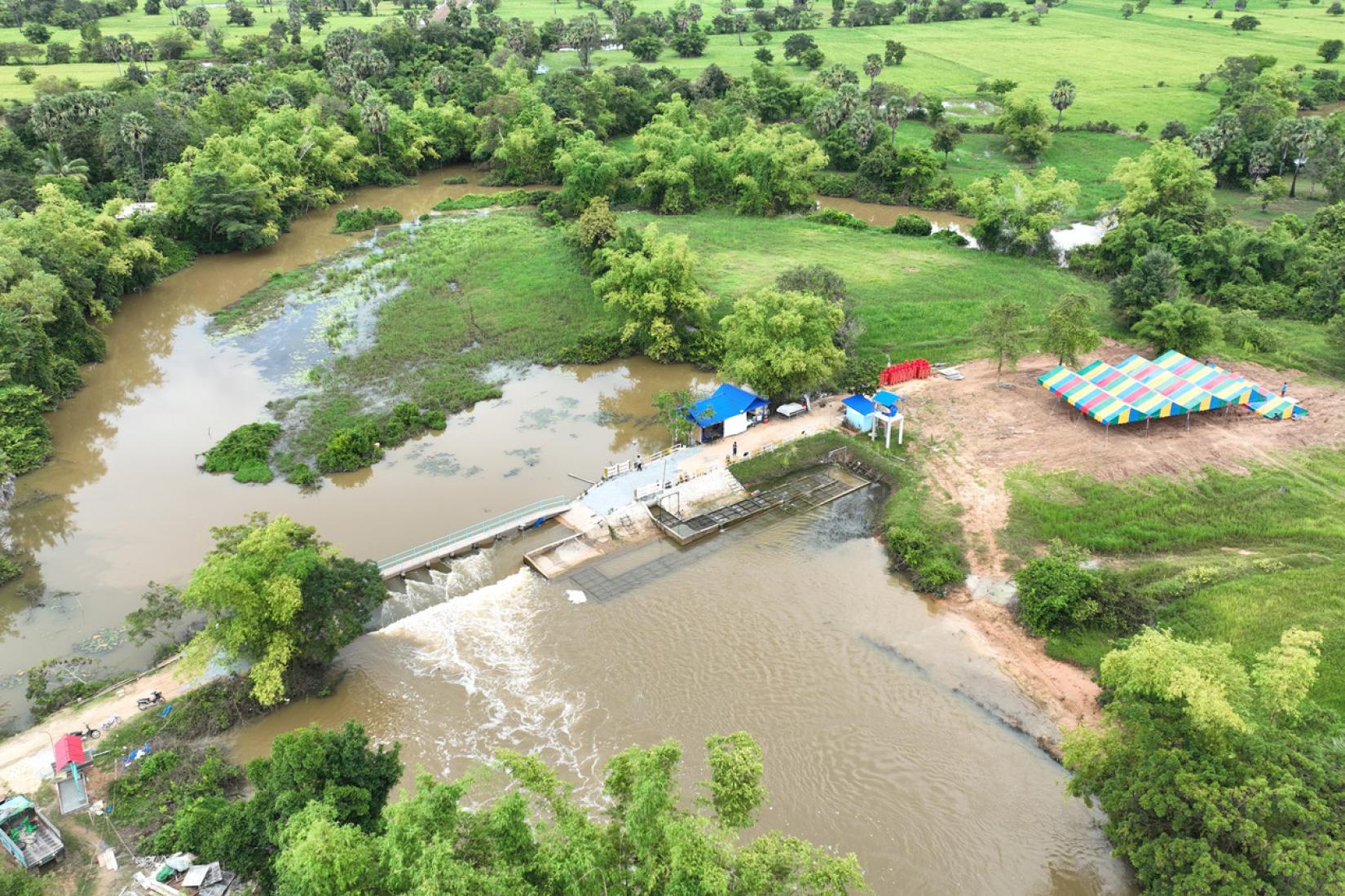 Aerial shot of the Sleng Fishway in Siem Reap, Cambodia.