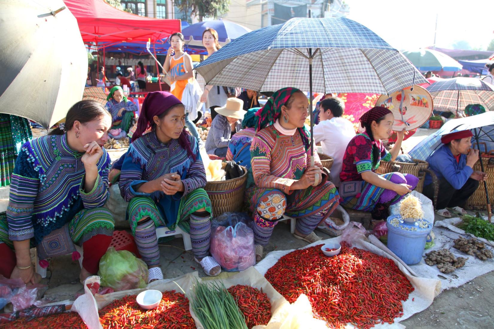 A group of people sitting on the ground and holding umbrellas, displaying produce, including chillis for sale