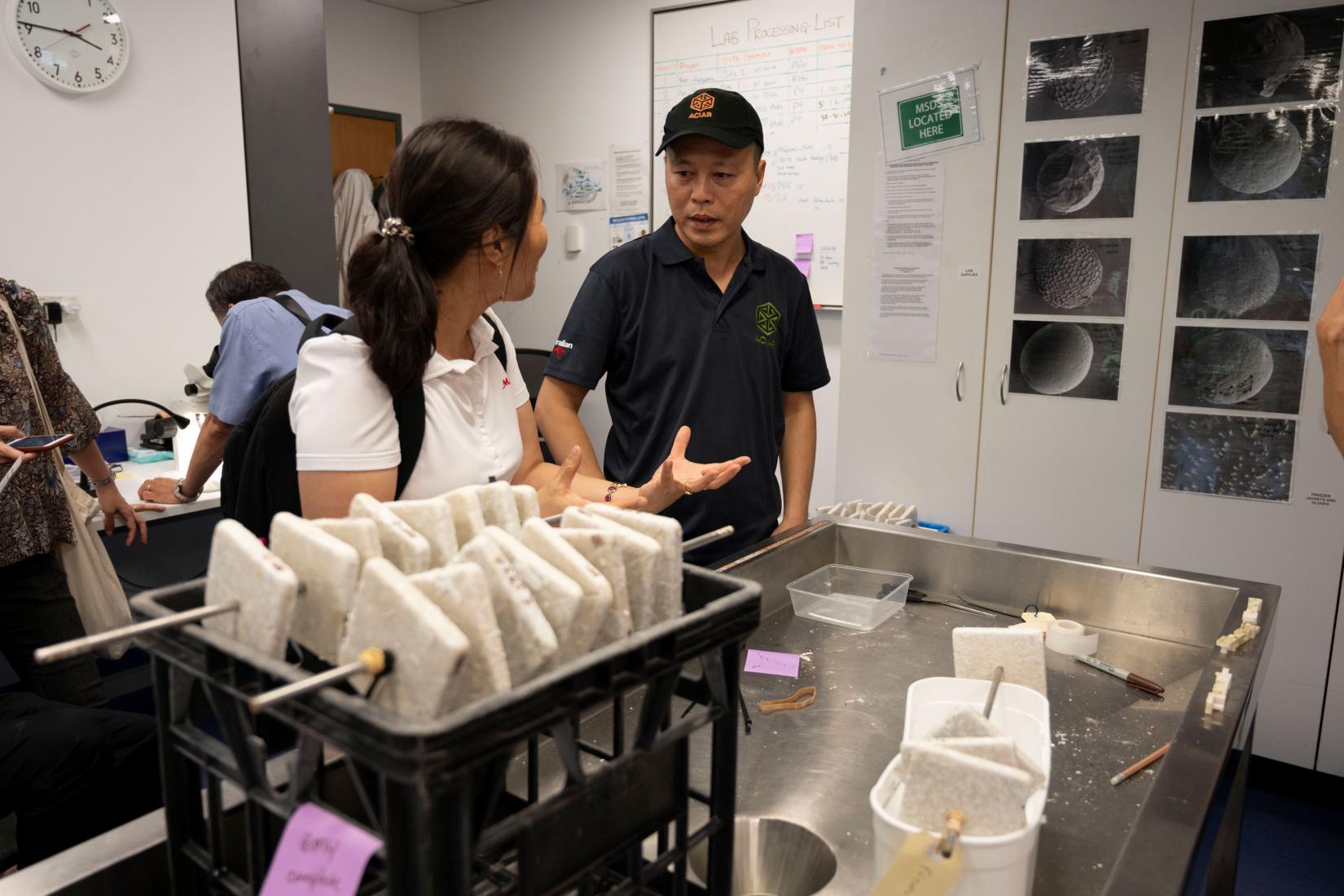 Researchers discussing specimens in lab