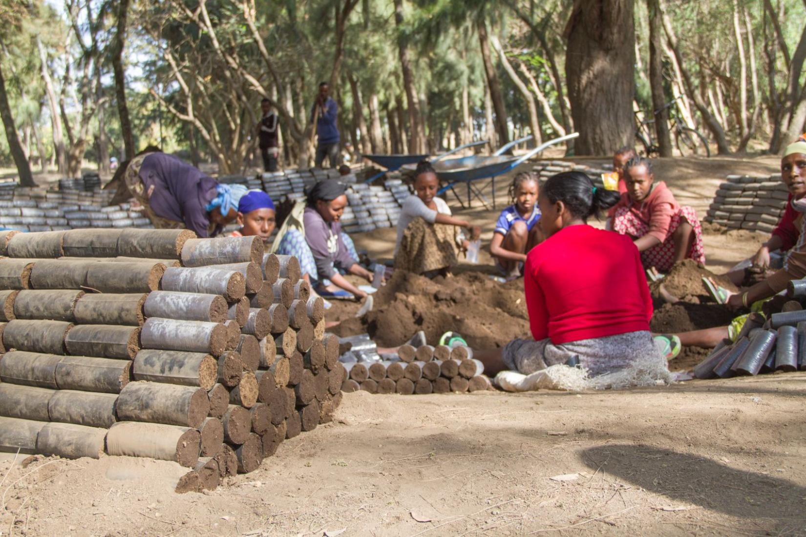 A group of people sit in a circle on the ground outside next to w pile of wood. 