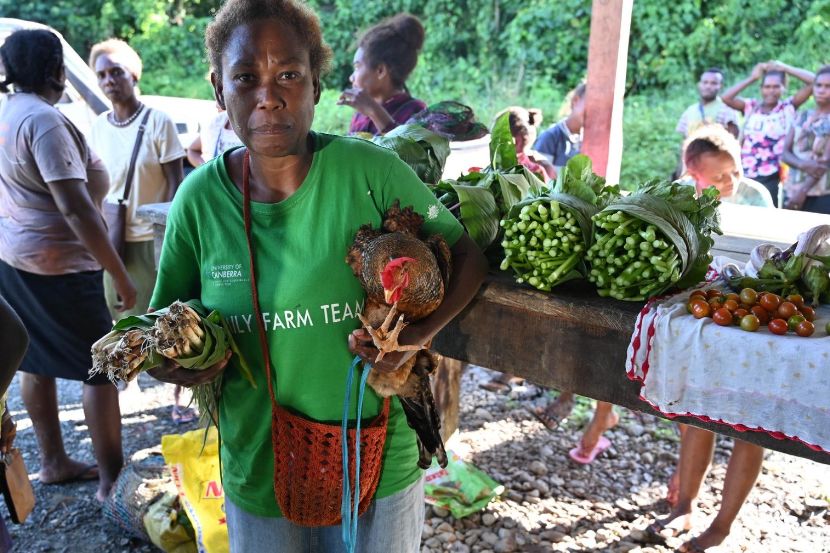 Women at a market selling chickens and fresh root crops
