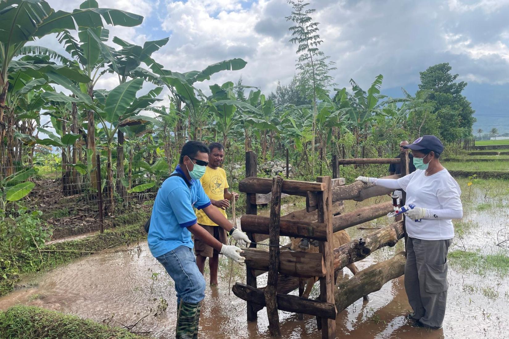 eam members inspect equipment in a flooded agricultural field.
