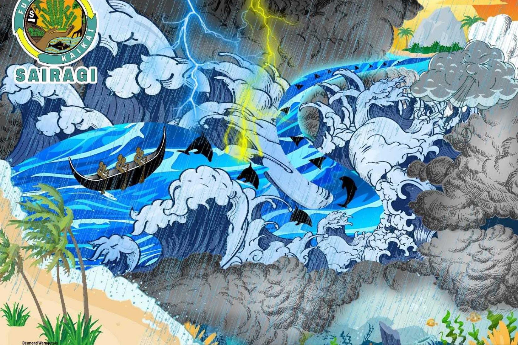 Illustrated artwork showing storm waves, lightning and coastal hazards.