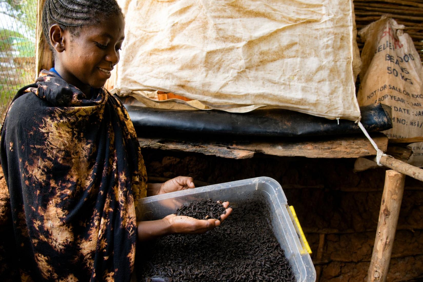 Person holding a container of insect larvae used for animal feed beside a rearing enclosure.