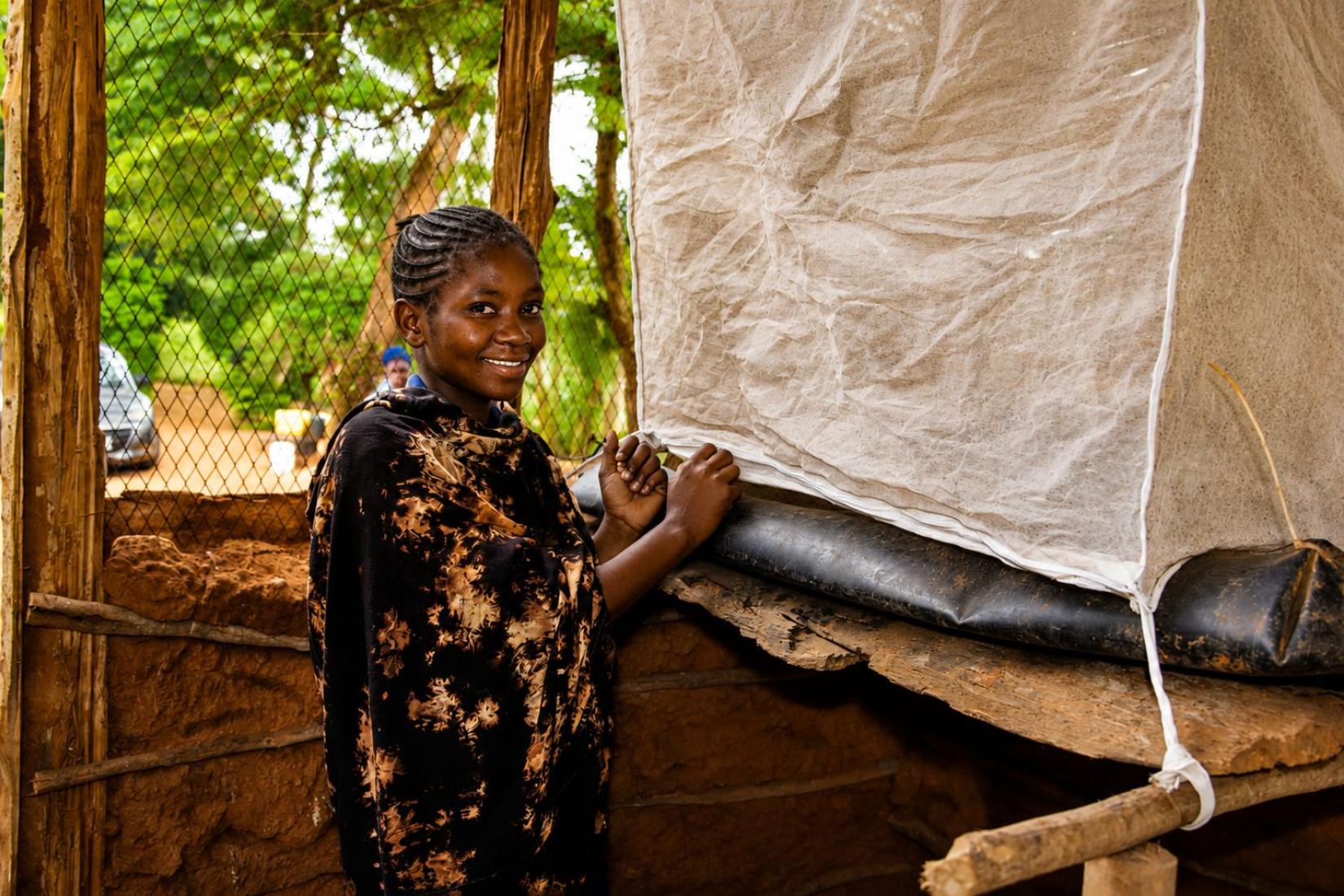 Person standing beside an insect-rearing enclosure covered with mesh fabric