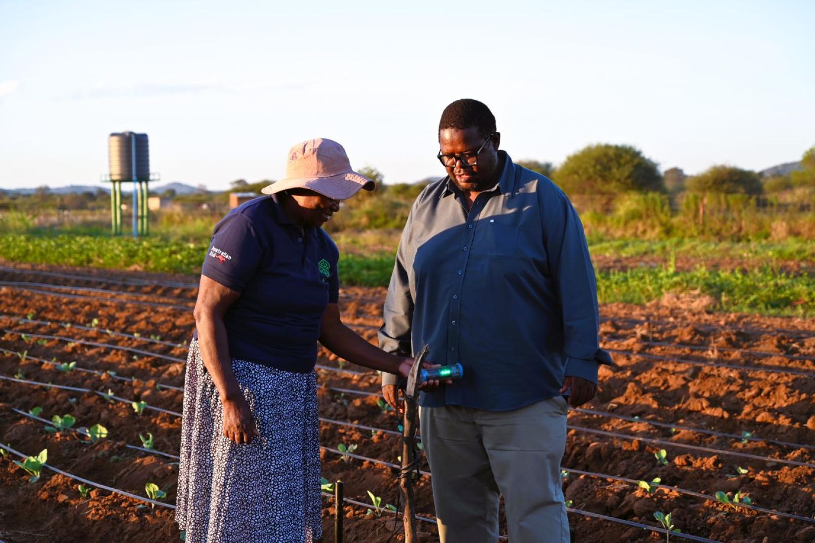 Mrs Dube is taking readings of the water moisture levels on her farm, as Mr Thabani Dube of ICRISAT observes. The green light indicates a well-watered field, hence no need for irrigation.