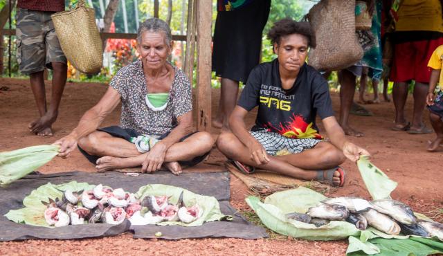 Two women sitting at a market, with fish for sale set out in front of them