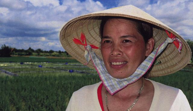 Women with had in crop field