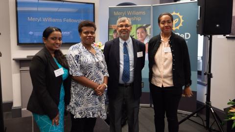 From L-R: Aradhana Deesh (fellow) , Mere Naivola (fellow), Dr. Joshi Ravindra (mentor), and Adi Loraini Baleilomaloma Kasainaseva (fellow) from Fiji at the launch of the MWF in 2019.