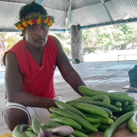 Community member selling vegetables on a table