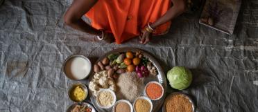 A platter of food prepared by Indian farmer Nutan Devi shows a range of nutritious food her family now eats. She can afford this now because, through SDIP, they have adopted conservation agriculture based sustainable intensification practices which have increased their crop yields and profits from farming.
